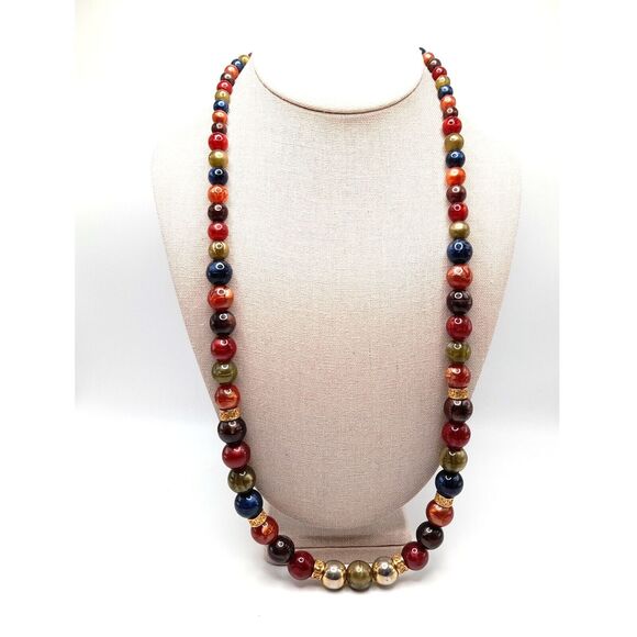 VTG Liz Claiborne Necklace Multi Color Resin Beads Gold Tone Hook Clasp, 33" - Picture 1 of 12